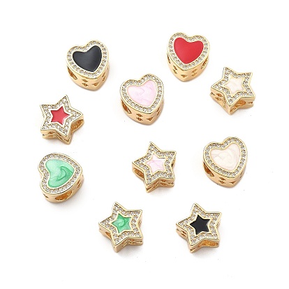 Стойка покрытие латунь с кубическим цирконием европейские бусины и эмаль, сердце / звезда, бусины с большим отверстием, долговечный, без свинца и без кадмия