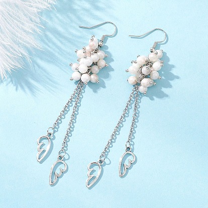 Серьги-подвески в форме крыльев из натурального персидского нефрита, с  латунными крючками для серег, платина