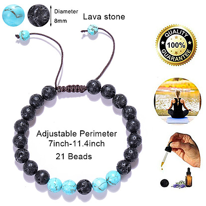 Adjustable Lava Stone Braided Couple Bracelet with 8mm Turquoise Gemstone - Energy Boosting Jewelry