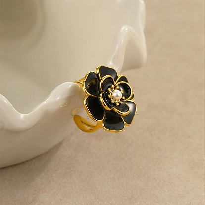 304 открытые манжеты с цветком из нержавеющей стали, с эмалью и искусственным жемчугом из АБС для женщин, без кадмия, без никеля и без свинца, ионное покрытие (ip)