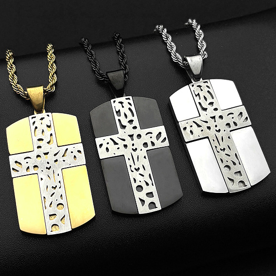 304 Stainless Steel Rectangle Dog Tag with Cross Pendant Necklaces for Men