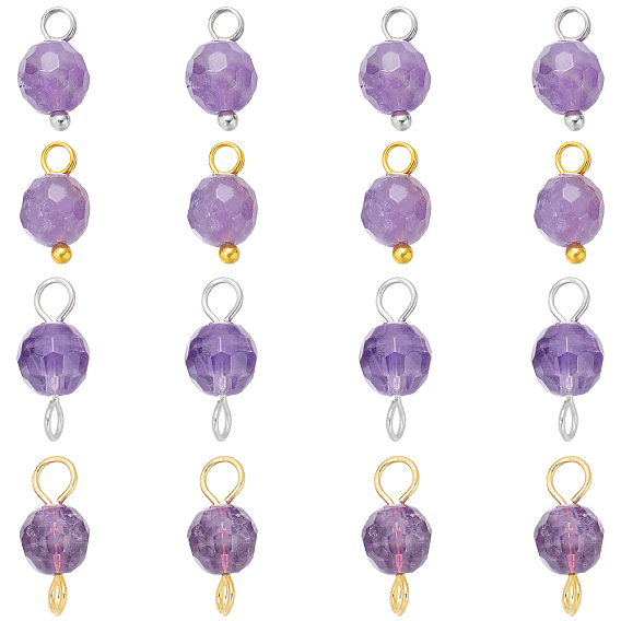 16Pcs 4 Colors Natural Amethyst Pendant and Connector Charms Sets, with 304 Stainless Steel & Brass Findings, Round, Golden & Stainless Steel Color