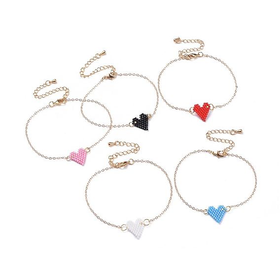 Link Bracelets, with Handmade Japanese Seed Beads, Brass Cable Chains & Extension Chains, Heart