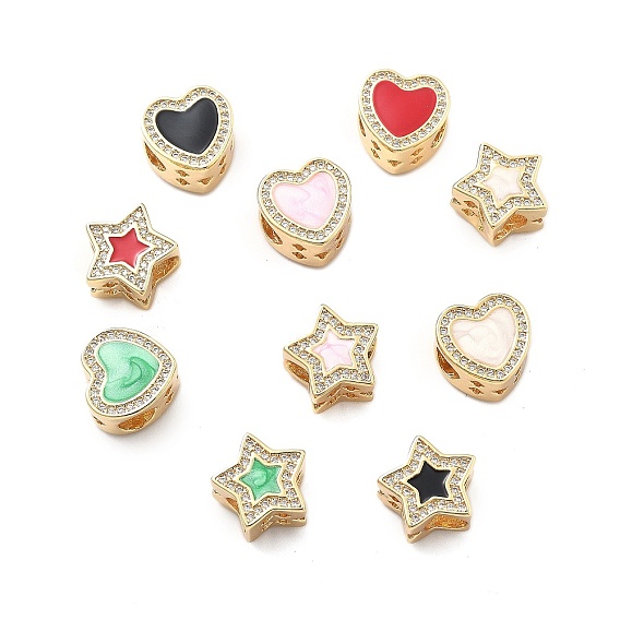 Стойка покрытие латунь с кубическим цирконием европейские бусины и эмаль, сердце / звезда, бусины с большим отверстием, долговечный, без свинца и без кадмия