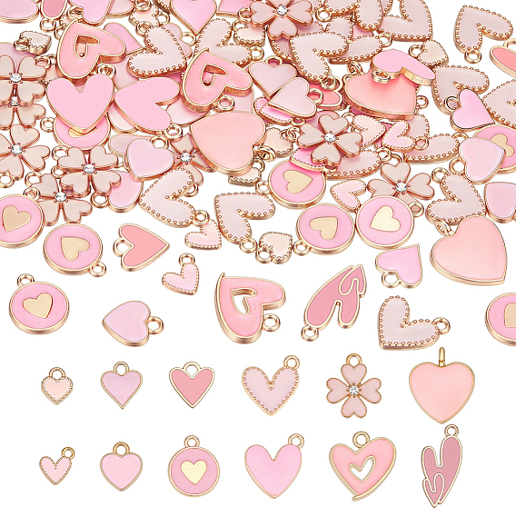 130 pcs 12 styles pendentifs en émail en alliage, crémaillère plaquage, breloques cœur et trèfle, or