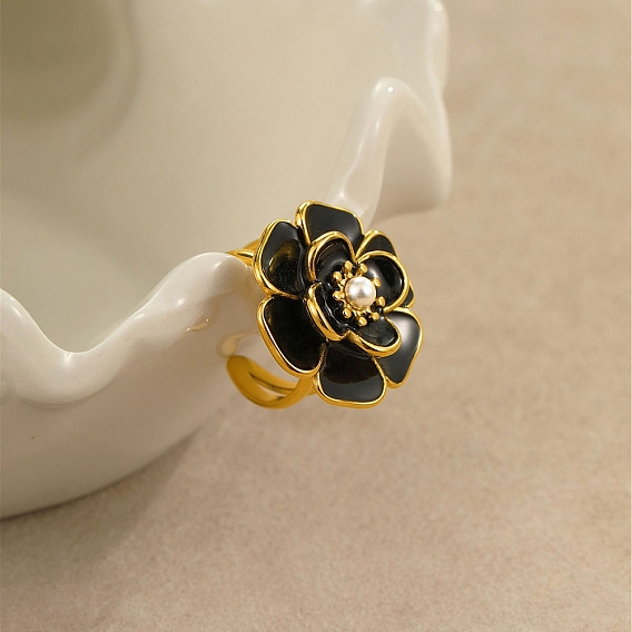 304 открытые манжеты с цветком из нержавеющей стали, с эмалью и искусственным жемчугом из АБС для женщин, без кадмия, без никеля и без свинца, ионное покрытие (ip)