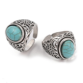 Oval Synthetic Turquoise Cuff Rings, Alloy Wide Band Open Rings for Women, Cadmium Free & Lead Free