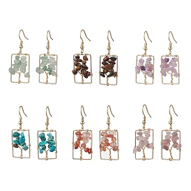 Dyed Natural Mixed Gemstone Chips Tree Dangle Earrings, Rectangle Real 18K Gold Plated Brass Drop Earrings with 304 Stainless Steel Earring Pins
