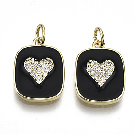 Brass Micro Pave Clear Cubic Zirconia Pendants, with Enamel and Jump Ring, Rectangle with Heart, Real 16K Gold Plated, Nickel Free