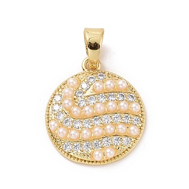 Flat Round Brass Micro Pave Clear Cubic Zirconia Pendants, with Acrylic Imitation Pearl, Cadmium Free & Lead Free
