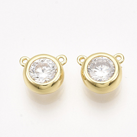 Brass Cubic Zirconia Charms, Real 18K Gold Plated, Nickel Free, Flat Round, Clear
