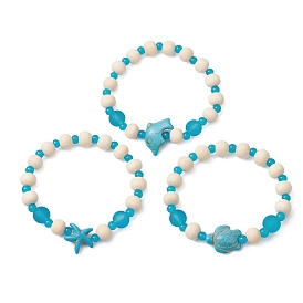 3 Pcs Synthetic Turquoise & Wood & Glass Beaded Stretch Bracelets for Boys Girls, Starfish/Tortoise/Dolphin