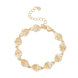 Clear Cubic Zirconia Heart with Word Love Link Chains Bracelet, Brass Jewelry for Women, Cadmium Free & Lead Free