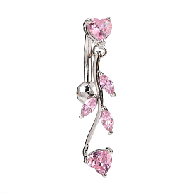 Branch Brass Cubic Zirconia Navel Rings, Top Down Belly Button Rings, with 304 Stainless Steel Bar