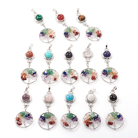Gemstone Big Pendants, with Brass Findings and Tree of Life Natural Mixed Stone, Flat Round, Platinum