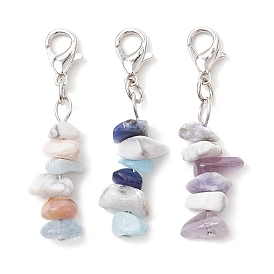 Natural Aquamarine & Pink Opal & White Jade & Sodalite & Amethyst & Purple Turquoise Chip Pendant Decoration, with Alloy Lobster Claw Clasps