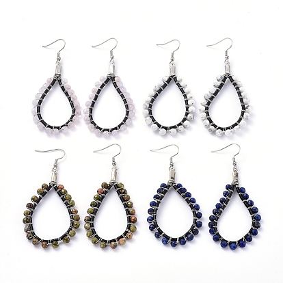 316 Surgical Stainless Steel Dangle Earrings, with Gemstone Bead, Cowhide Leather Cord and Jewelry Box, Teardrop