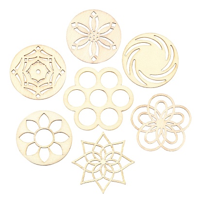 70Pcs 7 Style Wood Cabochons, Laser Cut Wood Shapes, Flat Round & Lotus & Flower