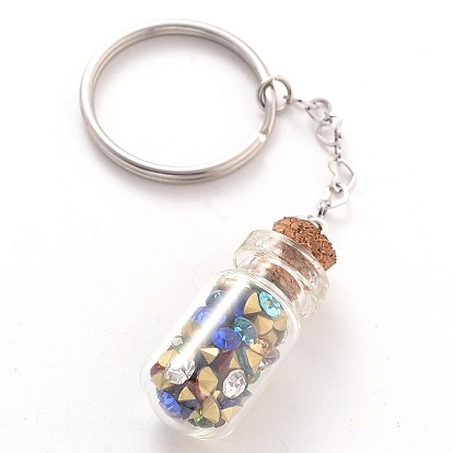 Stainless Steel Keychain, with Glass Rhinestone Bottle and with Wooden Bungs, 93mm