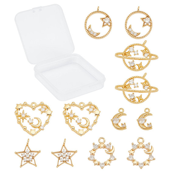 12Pcs 6 Styles Brass Cubic Zirconia Charms, Mixed Shapes