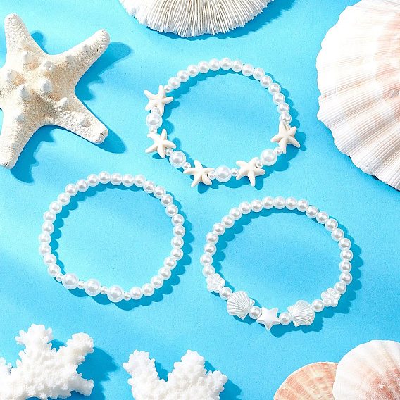 3Pcs ABS Plastic Imitation Pearl Beads Stretch Bracelets for Women, Shell Shape & Starfish & Round, with Synthetic Turquoise