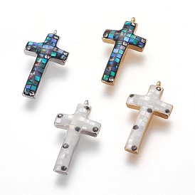 Brass Enamel Pendants, with Freshwater Shell and Micro Pave Cubic Zirconia, Cross