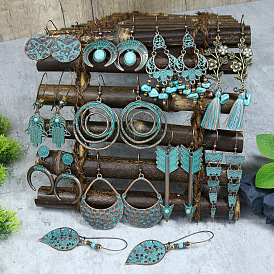 Ethnic Tassel Turquoise Accessories Earrings Set Retro Antique Old Alloy Earrings Female