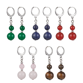 Round Natural Gemstone Dangle Earrings, 304 Stainless Steel Leverback Earring for Women