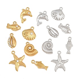 304 Stainless Steel with Crystal Rhinestone Charms, Ocean Theme Charms