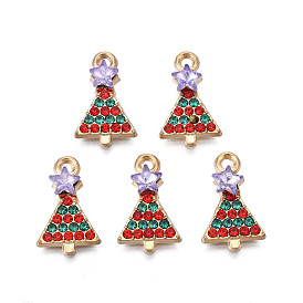 Rack Plating Alloy Pendants, with Rhinestone, Cadmium Free & Nickel Free & Lead Free, Christmas Tree Charms, Light Gold