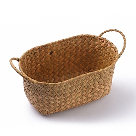 Paniers de tresse de paille, avec poignées, pour le panier de rangement et le linge, panier pique-nique et épicerie, ovale