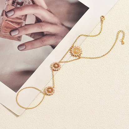 Elegant Imitation Pearl Sunflower Brass Hand Chain Ring Bracelets for Women, White