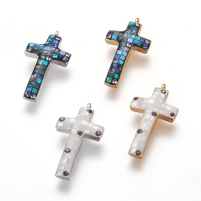 Brass Enamel Pendants, with Freshwater Shell and Micro Pave Cubic Zirconia, Cross