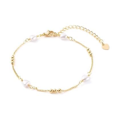 Brass Beaded Bracelets, with Curb Chains and Heart Glass Beads