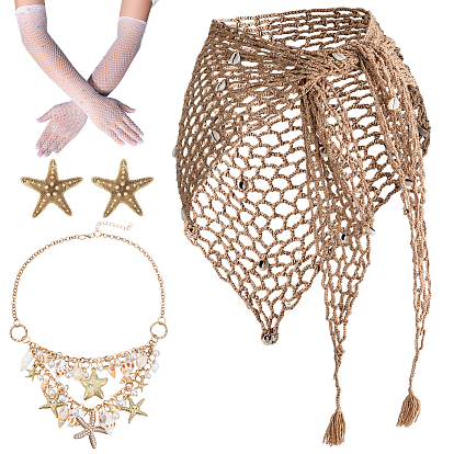 Пляжные наборы, в том числе нейлоновые длинные сетчатые перчатки без пальцев, треугольные полиэстеровые пляжные шали, сплав ожерелья шкентеля, заколки для волос из кожи аллигатора