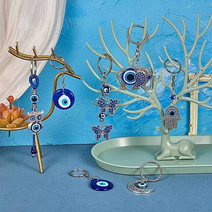 7Pcs 7 Style Resin & Lampwork Evil Eye Keychain, with Iron Key Ring & Alloy Findings, Mixed Shape
