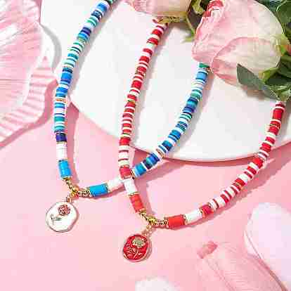 2Pcs 2 Style Alloy Enamel Flower Pendant Necklaces Set, with Polymer Clay Disc Beaded Chains