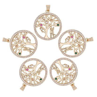 5Pcs Brass Micro Pave Colorful Cubic Zirconia Pendants, Long-Lasting Plated, Lead Free & Cadmium Free, Flat Round with Tree & Couple, Valentine's Day