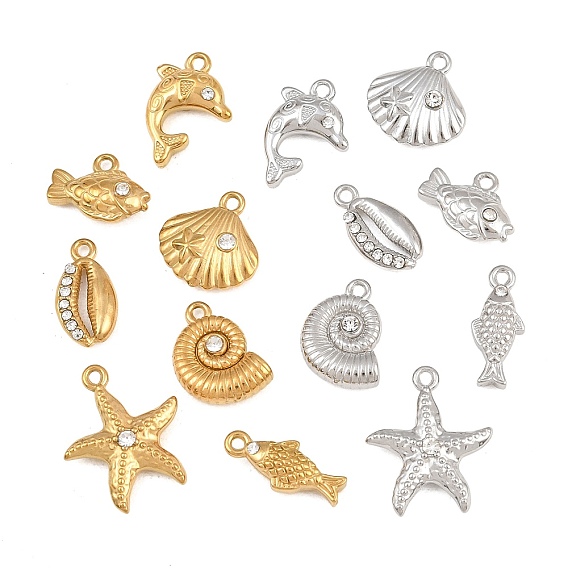304 Acero inoxidable con dijes de diamantes de imitación de cristal., Charms con temática oceánica