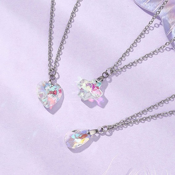 Ожерелья с подвесками из прозрачного стекла с гальваническим покрытием, 304 из нержавеющей стали кабель цепи ожерелья, цвет нержавеющей стали