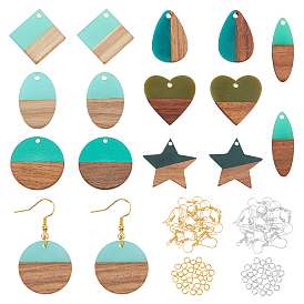 Earring Making Kits, Including Resin & Walnut Wood Pendants, Brass Earring Hooks, Brass Jump Rings, Waxed, Mixed Shapes