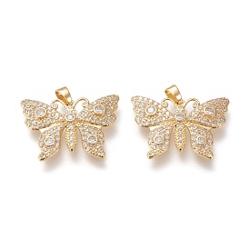 Brass Micro Pave Cubic Zirconia Pendants, Long-lasting Plated, Butterfly, Clear