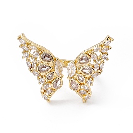 Clear Cubic Zircon Butterfly Open Cuff Ring, Rack Plating Brass Jewelry for Women, Cadmium Free & Nickel Free & Lead Free
