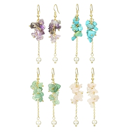 4Pairs 4 Styles Natural & Synthetic Mixed Gemstone Chips & Shell Pearl Dangle Earrings, Cluster Earrings