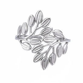 304 Stainless Steel Leaf Open Cuff Ring, Chunky Hollow Ring for Women