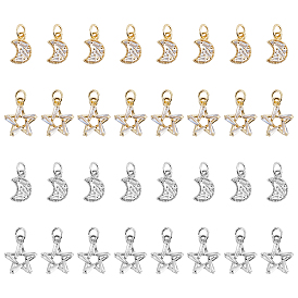 Moon & Star Brass Micro Pave Clear Cubic Zirconia Charms, with Jump Rings, Long-Lasting Plated