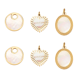 6Pcs 3 Styles Shell Pendants, with 316 Surgical Stainless Steel Findings, Heart & Oval & Flat Round
