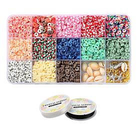 2600 Stück Scheibe/flache runde Polymer-Ton-Perlen, 10Stk Seestern & Blatt CCB Kunststoff & Legierung Anhänger, 10 Stück ovale Muschelperlen, Zink-Legierung Spangen, Eisenbeschläge und elastischer Faden, für DIY-Schmucksets