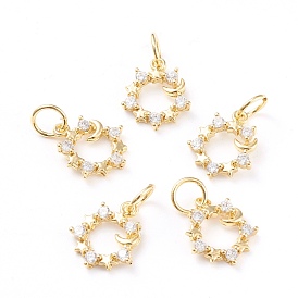 Brass Micro Pave Clear Cubic Zirconia Charms, with Jump Rings, Long-Lasting Plated, Ring & Star & Moon, Real 18K Gold Plated