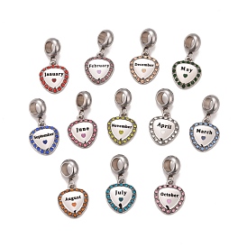 12 piezas 12 estilos 304 dijes colgantes europeos de diamantes de imitación de acero inoxidable, Grandes colgantes agujero, con esmalte, color acero inoxidable, corazón con mes